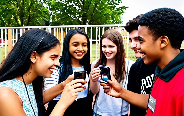 **A diverse group of young adults actively engaging with a brand at a vibrant community event, showcasing interaction through games and social media sharing, emphasizing a sense of belonging and shared interests. (Focus: Building a Brand Community)**