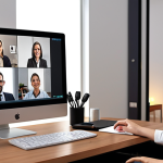 **A young professional participating actively in a video conference, engaging with colleagues, and sharing relevant insights during a virtual meeting. The scene should be set in a modern, organized home office, conveying professionalism and effective remote communication.**