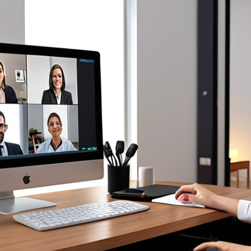 **A young professional participating actively in a video conference, engaging with colleagues, and sharing relevant insights during a virtual meeting. The scene should be set in a modern, organized home office, conveying professionalism and effective remote communication.**