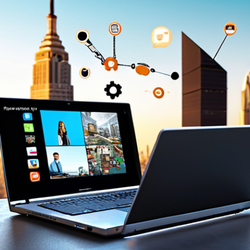 **

A person confidently using a laptop with various tech icons floating around them, symbolizing adapting to new technologies. The background shows a blurred cityscape representing the modern, fast-paced world. Focus on conveying a sense of empowerment and opportunity.

**