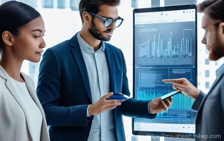 미래 직업을 위한 글로벌 기술 동향 - **Prompt for AI, Data Analytics, and Innovation:**
"A diverse group of five professionals, dress...