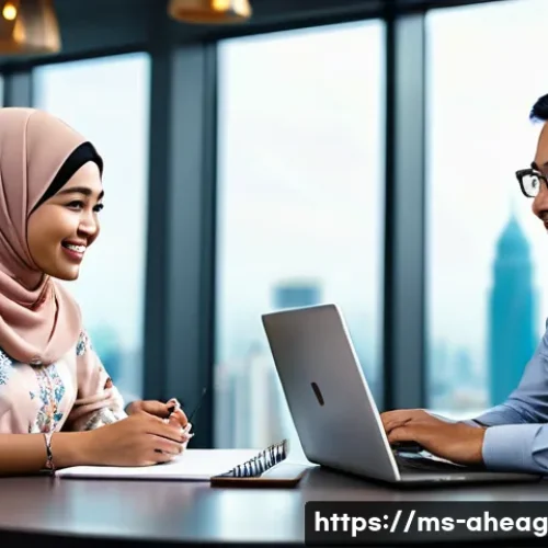 Home 32 미래 직업 준비를 위한 멘토링의 필요성 - A professional mentoring session in a modern Malaysian office setting, showing a diverse middle-aged...
