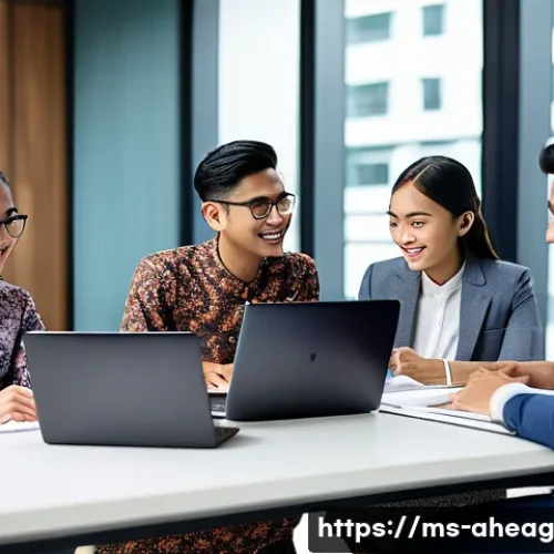 Home 31 미래 직업을 위한 인턴십 활용법 - A diverse group of young Malaysian interns in a modern office setting, wearing professional attire i...