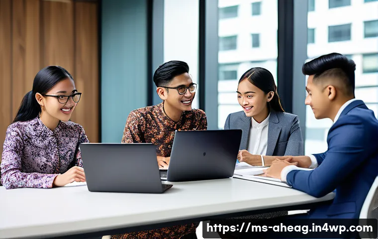 미래 직업을 위한 인턴십 활용법 - A diverse group of young Malaysian interns in a modern office setting, wearing professional attire i...