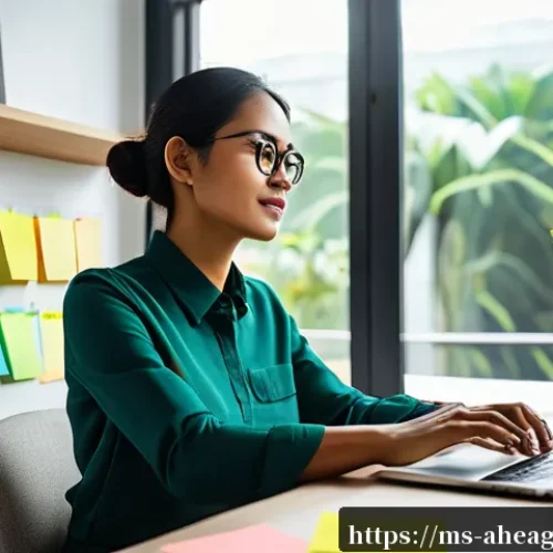 Home 30 미래 직업 준비를 위한 자원 관리 - A focused Malay professional woman in her 30s working at a modern home office desk in Kuala Lumpur, ...